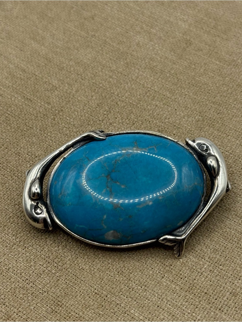 Large dolphine Navajo Turquoise Oval Stone sterling Silver Brooch